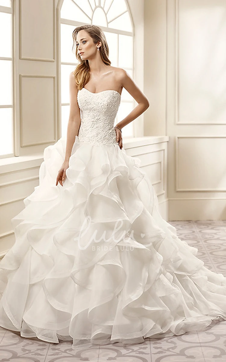 Organza A-Line Wedding Dress with Cascading Ruffles Strapless Appliqued