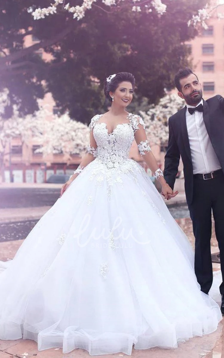 V-neck Long Sleeve Ball Gown Tulle Wedding Dress with Appliques and Court Train