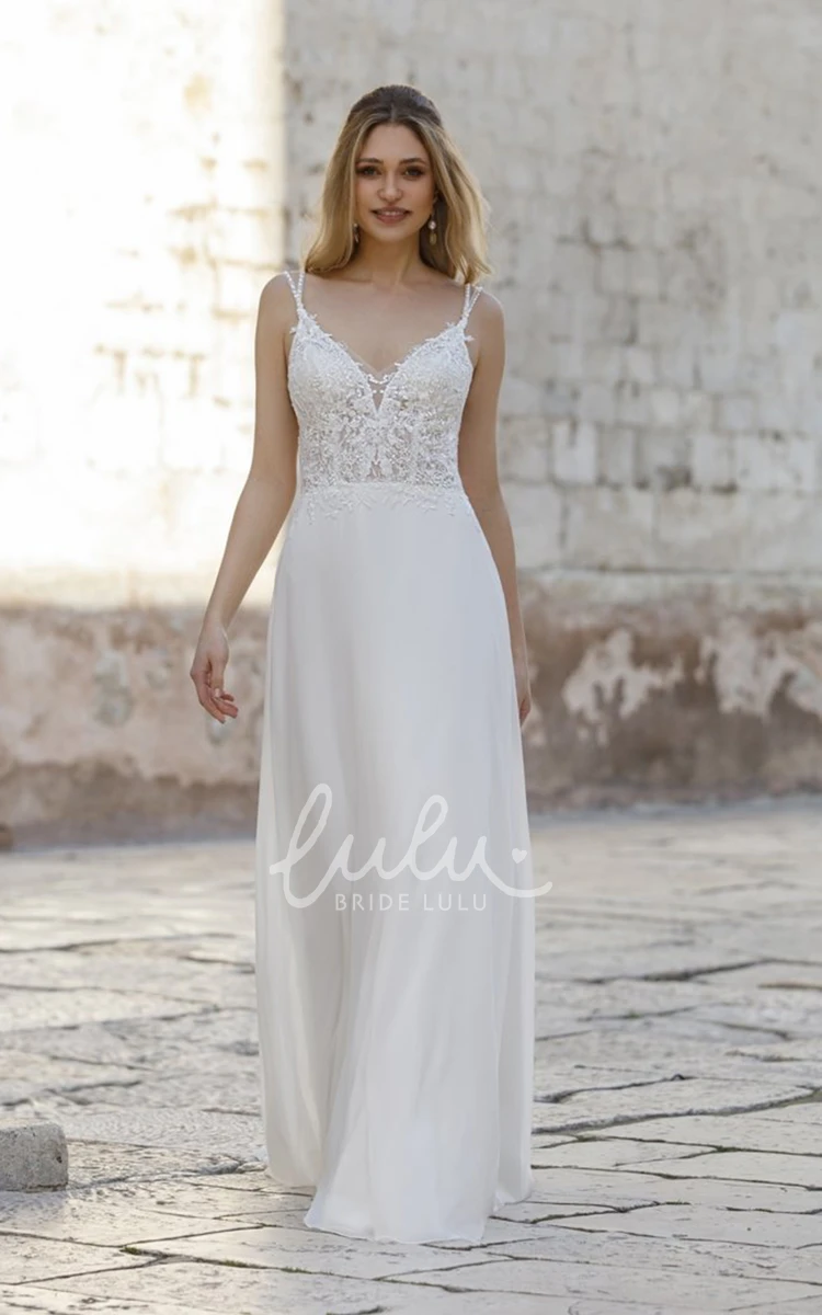 Plunging V-neck Sheath Lace Sexy Floor-length Wedding Dress with Sweep Train