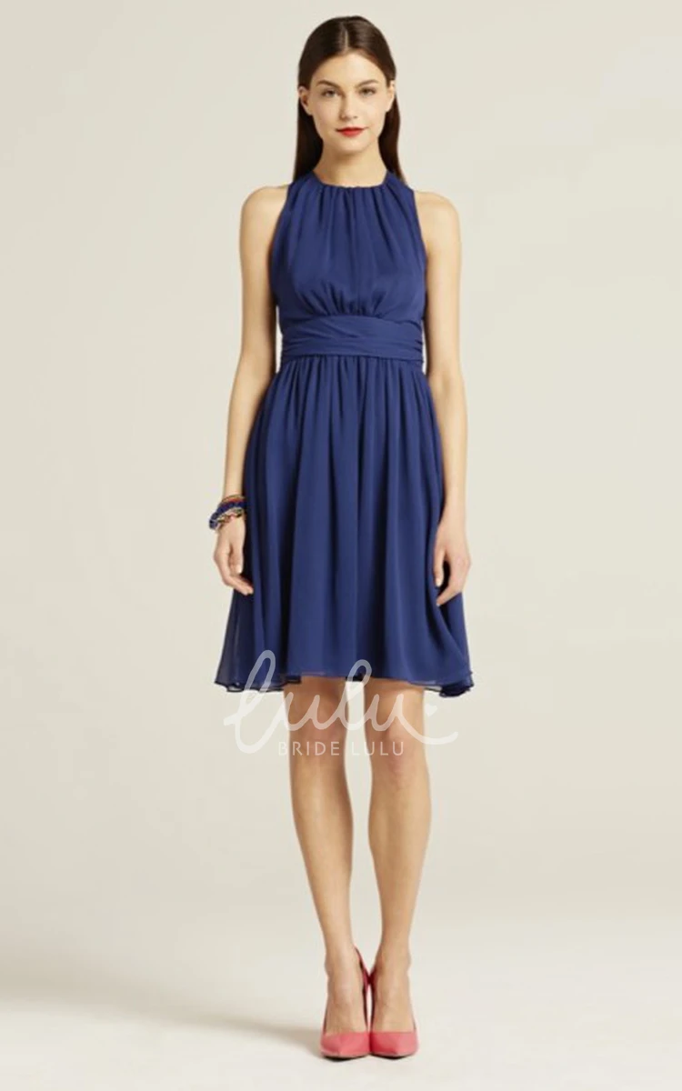 High Neck Ruched Chiffon Bridesmaid Dress with Bow Mini Length