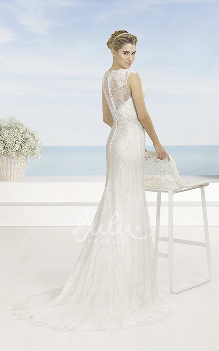 V-Neck Sleeveless Lace Sheath Wedding Dress with Waist Jewelry and Illusion