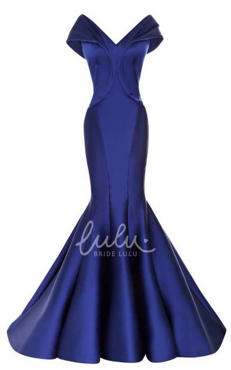 Satin Mermaid Formal Dress with Cap Sleeves and V-Neckline