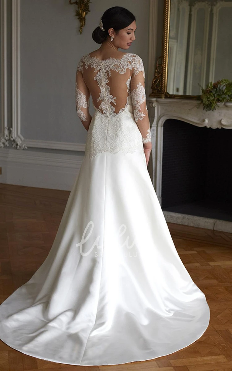 A-Line Satin Floor-Length Wedding Dress with Illusion Timeless Bridal Gown