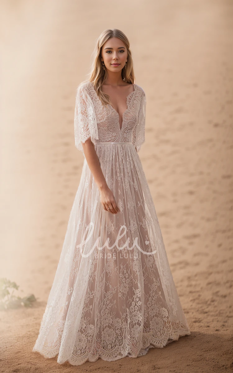 Modern Floral Boho Lace A-Line Maxi Wedding Dress Casual Elegant Floor Length Scalloped Neck Low Back Floor Length Sashed Bridal Gown