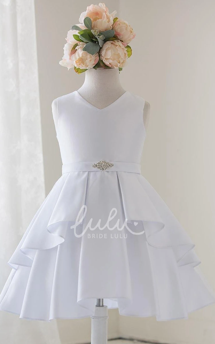 Beaded Satin Knee-Length Flower Girl Dress with Split Front