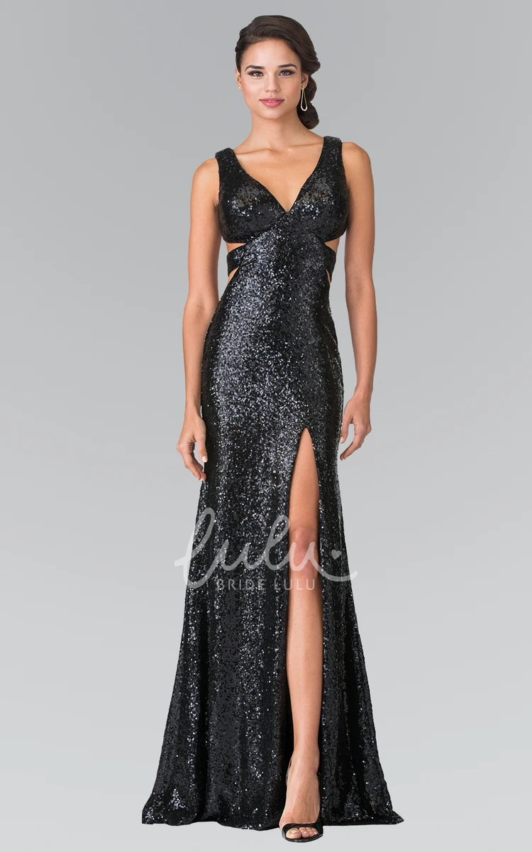 Sequin Backless Sheath Formal Dress with Front Split and Pleats