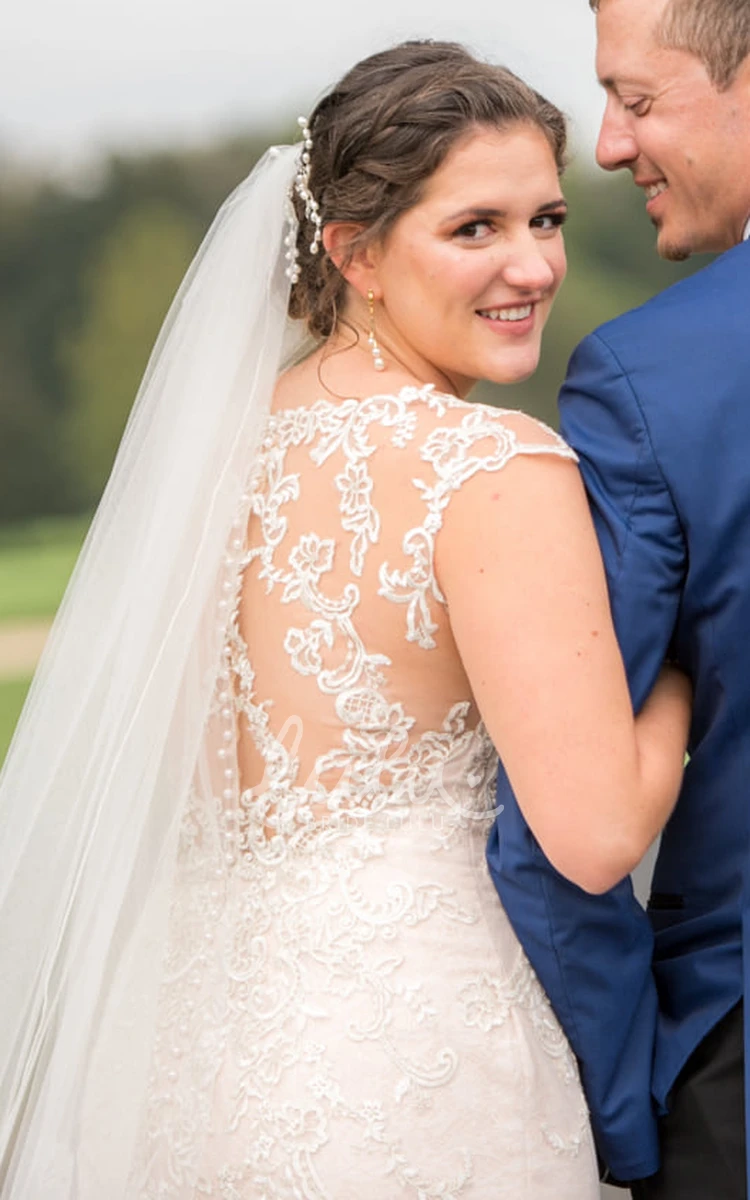 Modest Jewel Neckline Bridal Gown Illusion Lace Petals Back Garden Wedding Dress