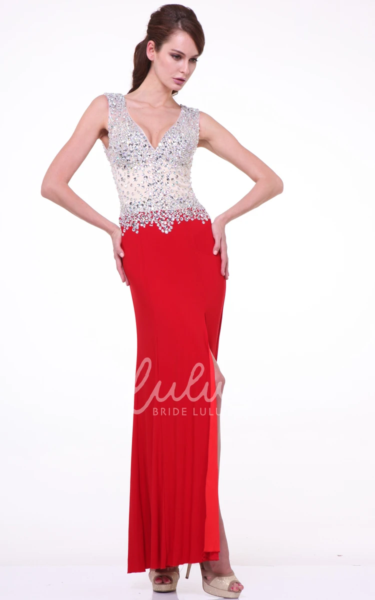 V-Neck Sleeveless Sheath Prom Dress with Beading and Split Front