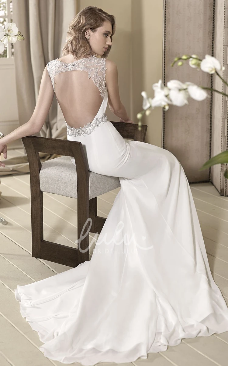 Jeweled V-Neck Sleeveless Long Wedding Dress with Appliques Sheath Style