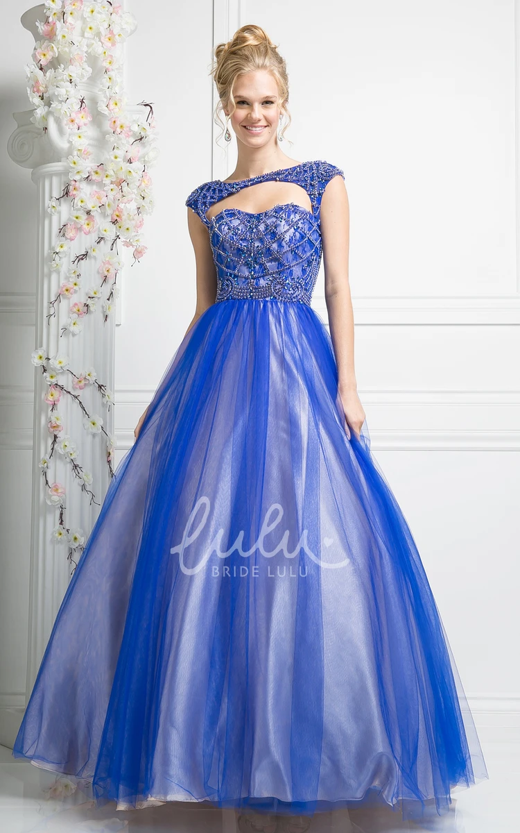 Cap-Sleeve Tulle Satin Ball Gown with Keyhole for Prom