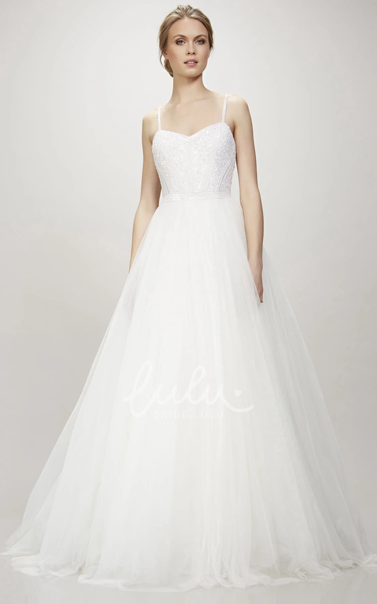 A-Line Spaghetti Long Wedding Dress with Beaded Tulle and Ruffles
