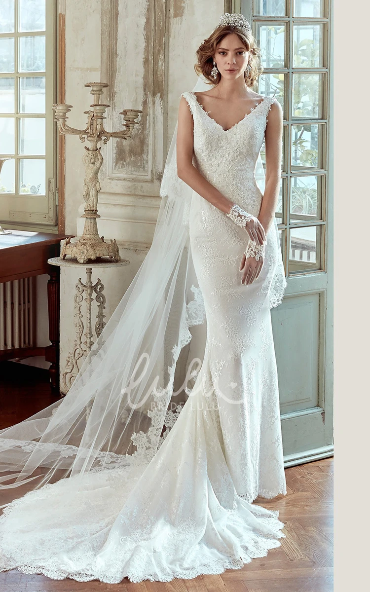 Sheath Wedding Dress with Low V-Back and Court Train Flowy Sheath Wedding Dress with Low V-Back