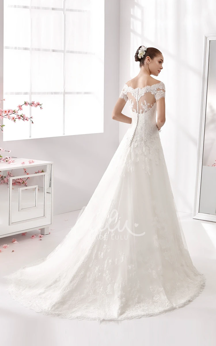 A-line Wedding Dress Off-Shoulder with T-shirt Sleeves and Brush Train