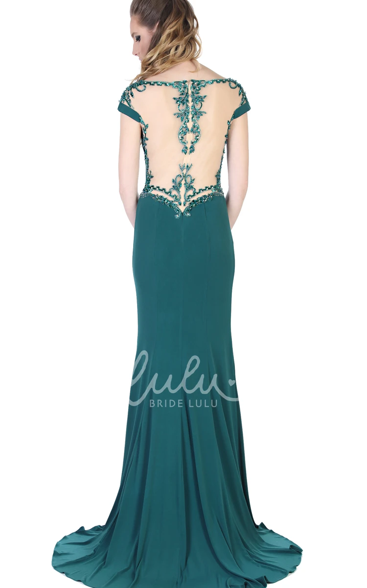 Jewel-Neck Cap-Sleeve Sheath Long Evening Dress with Beading