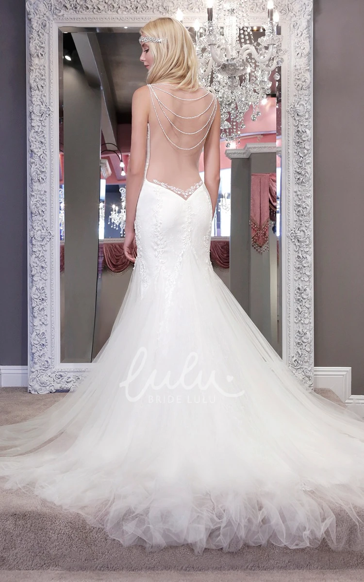 Backless Mermaid Tulle Wedding Dress Sleeveless with Beaded Spaghetti Straps and Lace