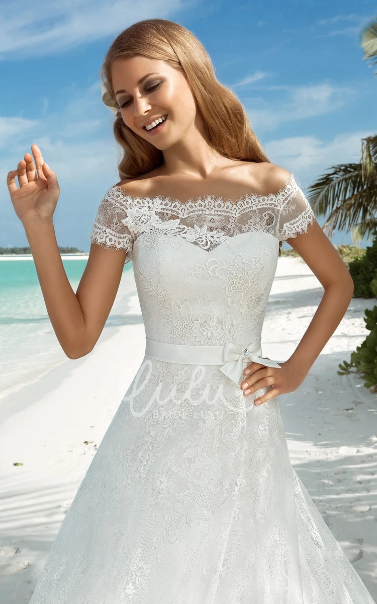 Off-Shoulder Lace A-Line Wedding Dress with Bow and Sash