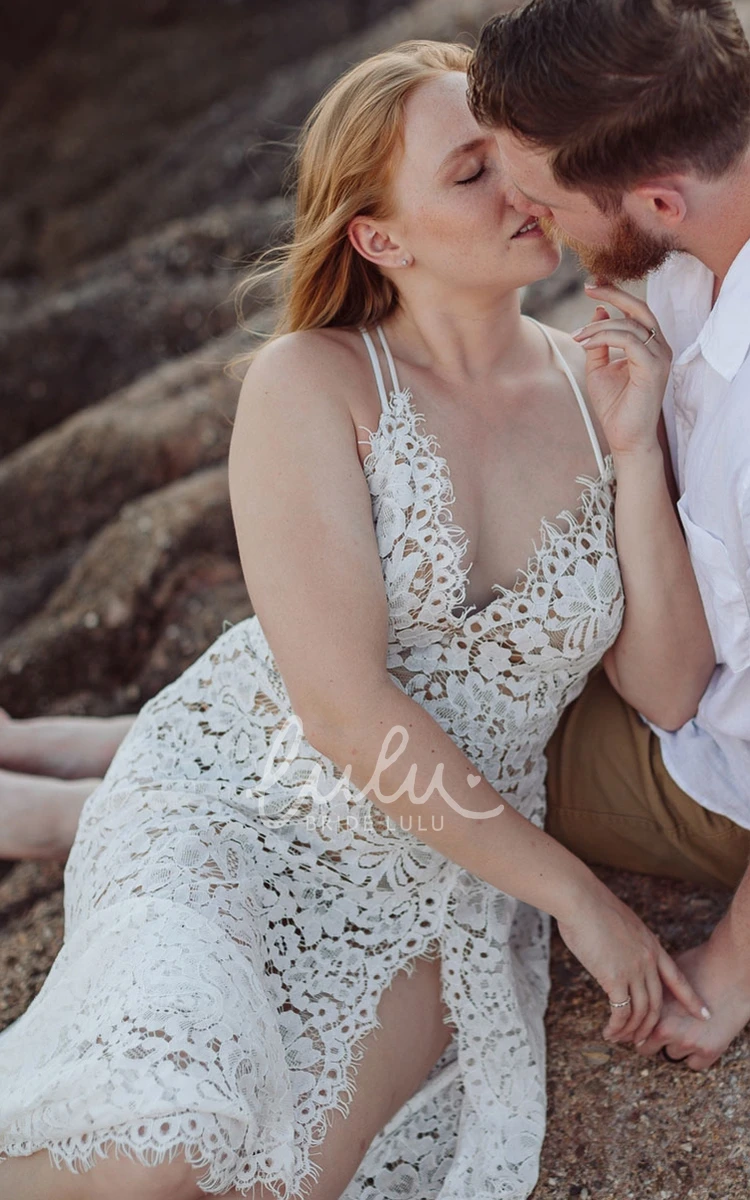 Casual Beach Garden Spaghetti V-neck Lace A-line Wedding Dress with Split Front Boho Wedding Dress