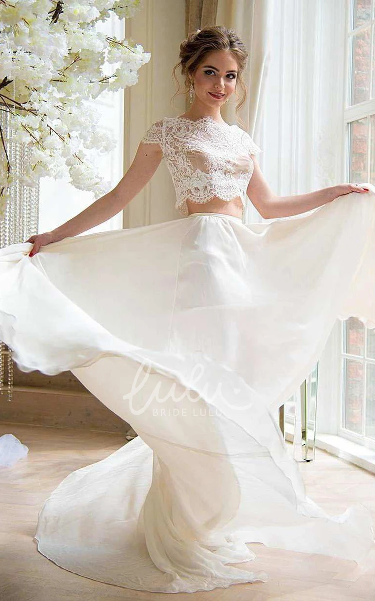 Lace Top Two-Piece Chiffon Wedding Dress with Short Sleeves