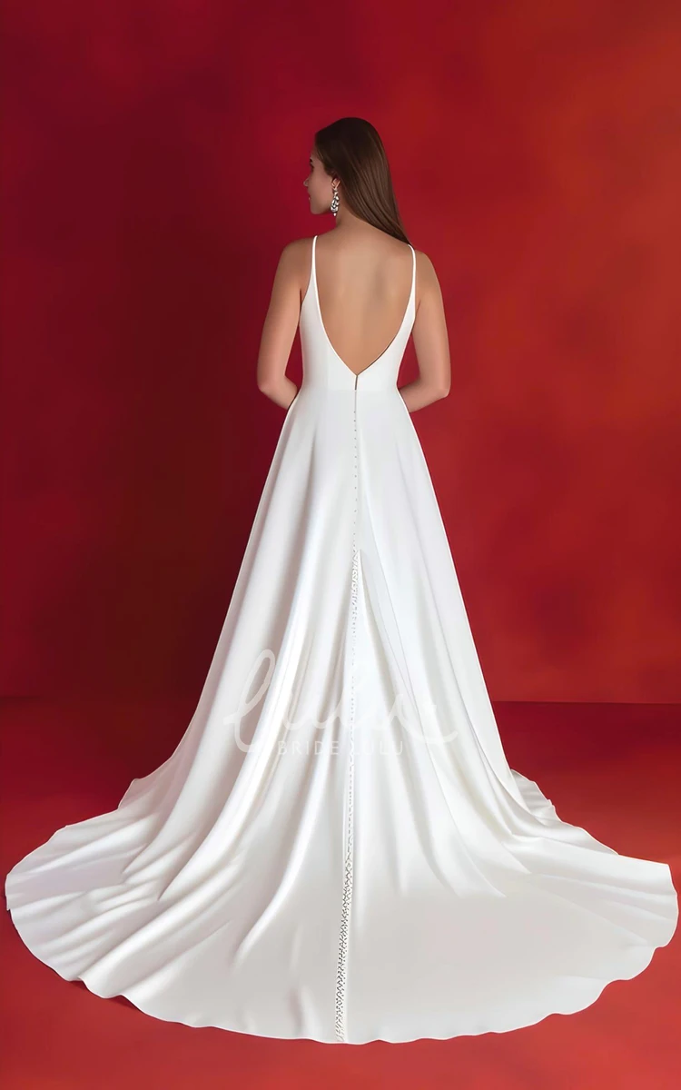 Sleeveless Satin A-Line Wedding Dress with V-neck Split Front Garden Train