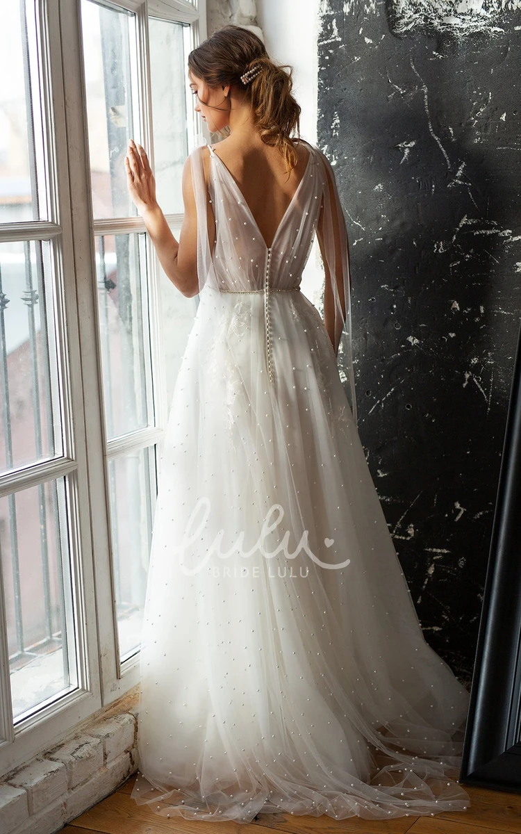 Beach Elopement A-Line Boho Tulle Wedding Dress Elegant Sexy Pearl Sleeveless Cross Neckline Sleeveless Sweep Train V-Back Bow Shoulder Strap Reception Bridal Gown