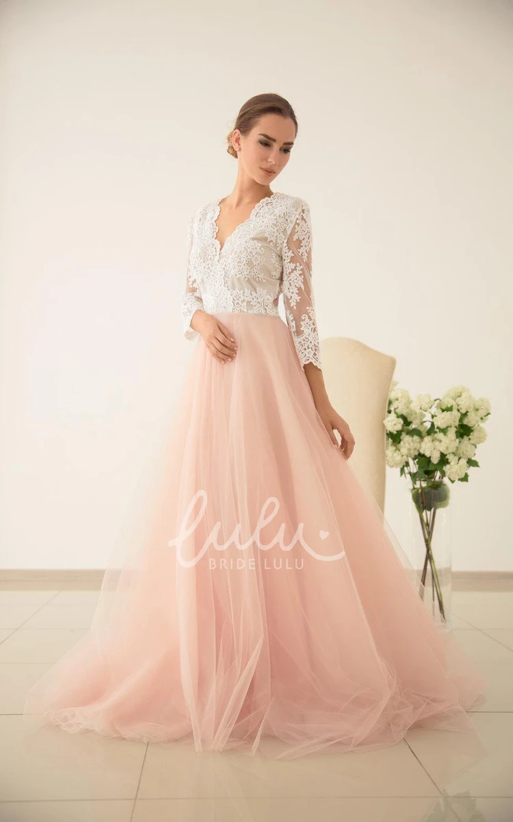 Pink Lace and Tulle Wedding Dress with Sleeves and Sash