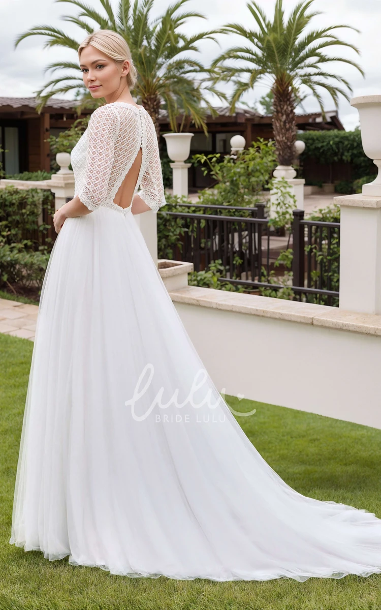 Vintage Floral Beach A-Line Boho Lace Boat Neck Wedding Dress Modest Elegant Short Half Sleeve Button Back Court Train Bridal Gown