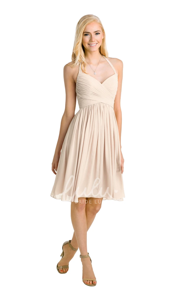 Halter Sleeveless Chiffon Bridesmaid Dress Knee-Length Criss-Cross Multi-Color