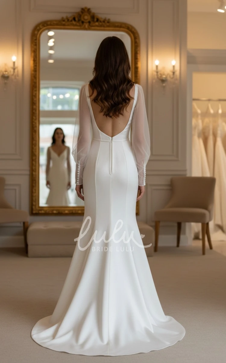 Modern Mermaid Long Sleeve Winter Wedding Dress Square Neck Open Back Modern Bridal Gown