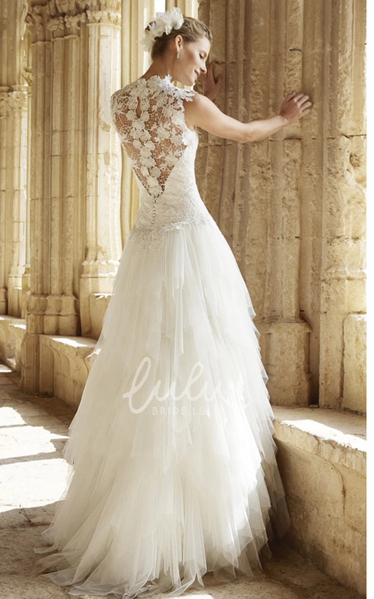 Cascading-Ruffle A-Line Tulle Wedding Dress with High Neck and Illusion Back