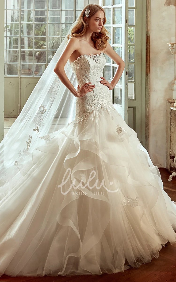 Cascading Ruffles Strapless Wedding Dress with Lace Corset Unique Bridal Gown