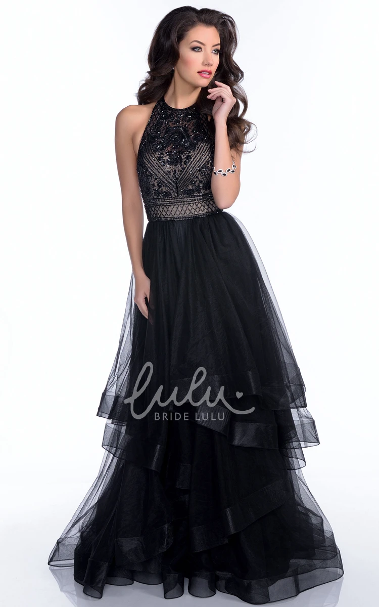 Tulle Layered Open Back Prom Dress with Rhinestones