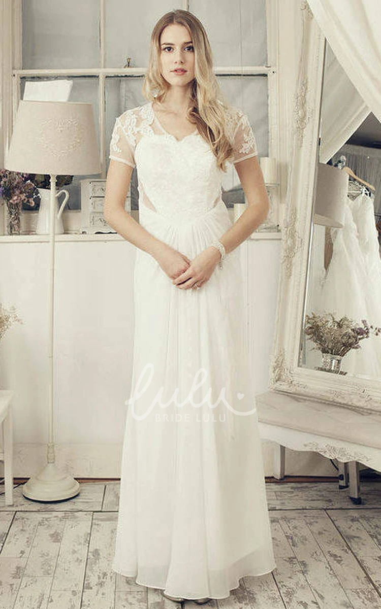 Chiffon V-Neck Appliqued T-Shirt Sleeve Wedding Dress Casual Style