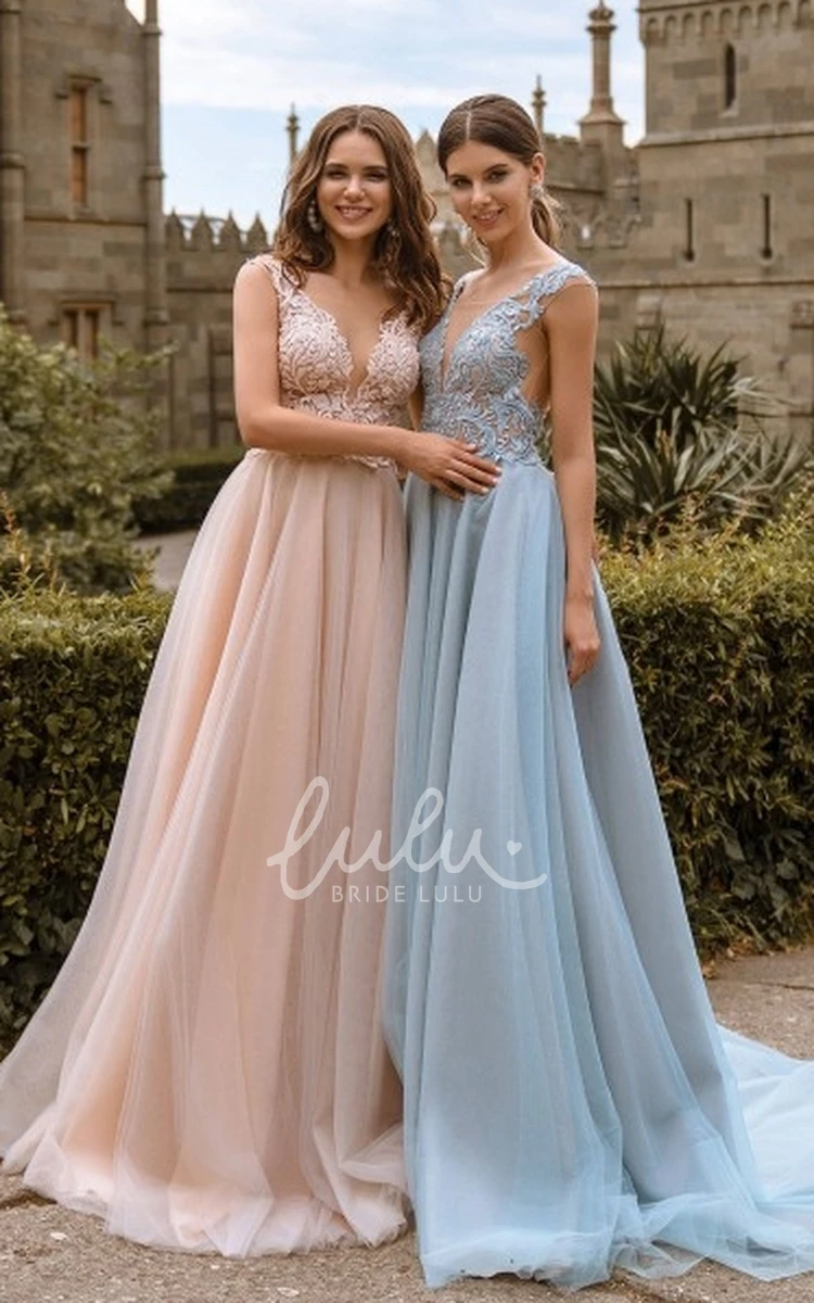 Elegant Lace Tulle Dresses V-Neck Sexy Illusion Back Bridesmaid Dresses