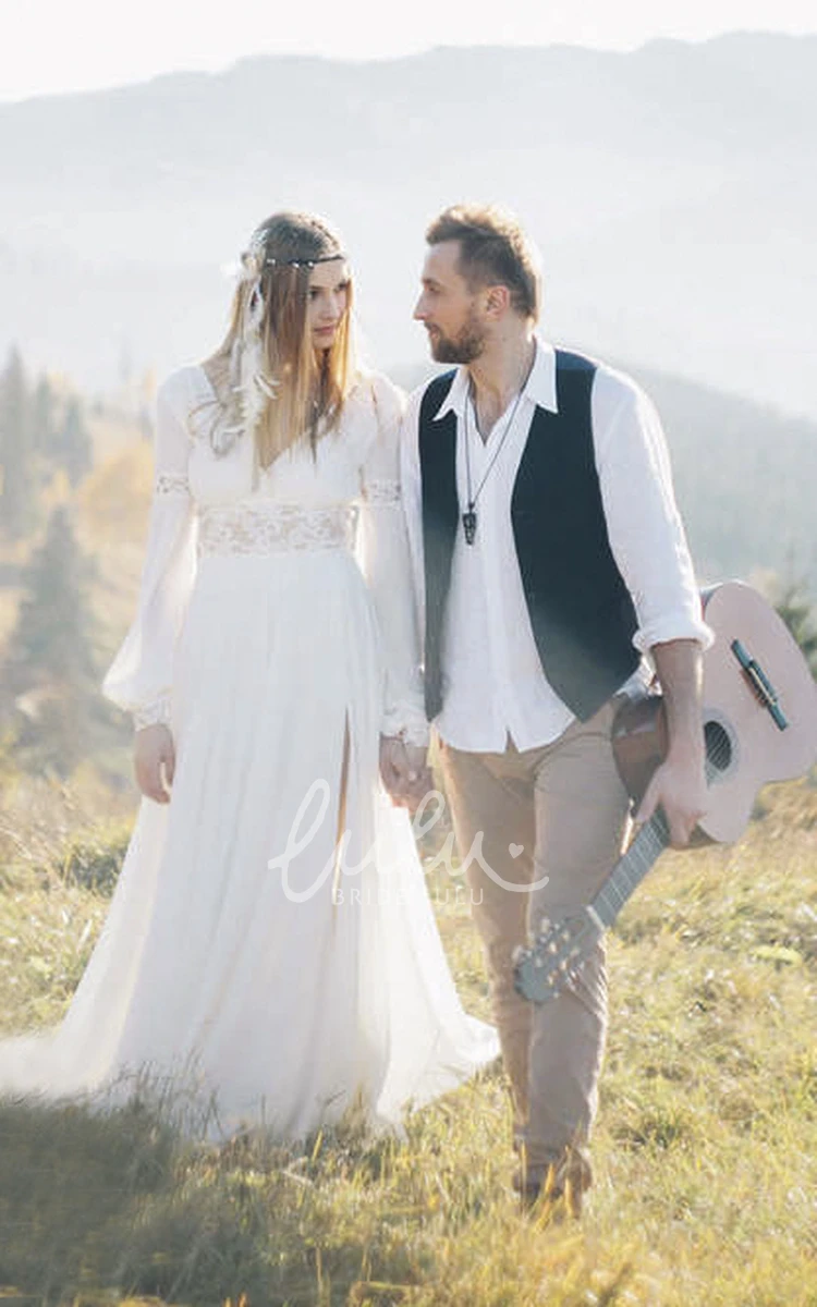 Bohemian Plunging Chiffon Wedding Dress with Lace Details Long Sleeve Bridal Gown
