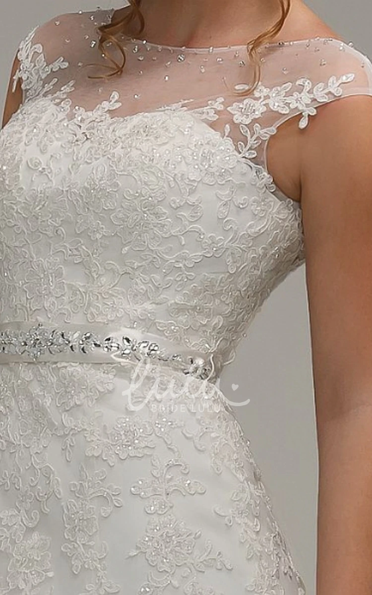 Cap-Sleeve Scoop-Neck Lace Wedding Dress with Jeweled Bow Unique Bridal Gown