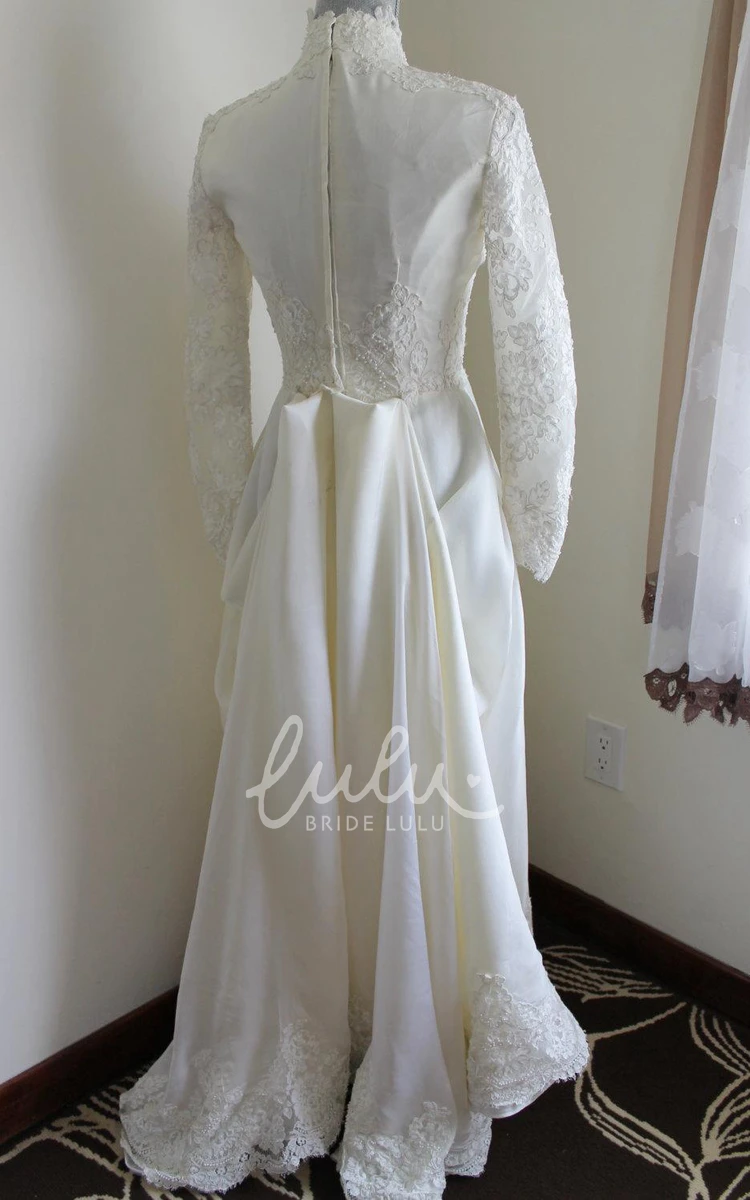 Modern Queen Anne Neck Satin Wedding Dress with Long Sleeves and Lace Hem