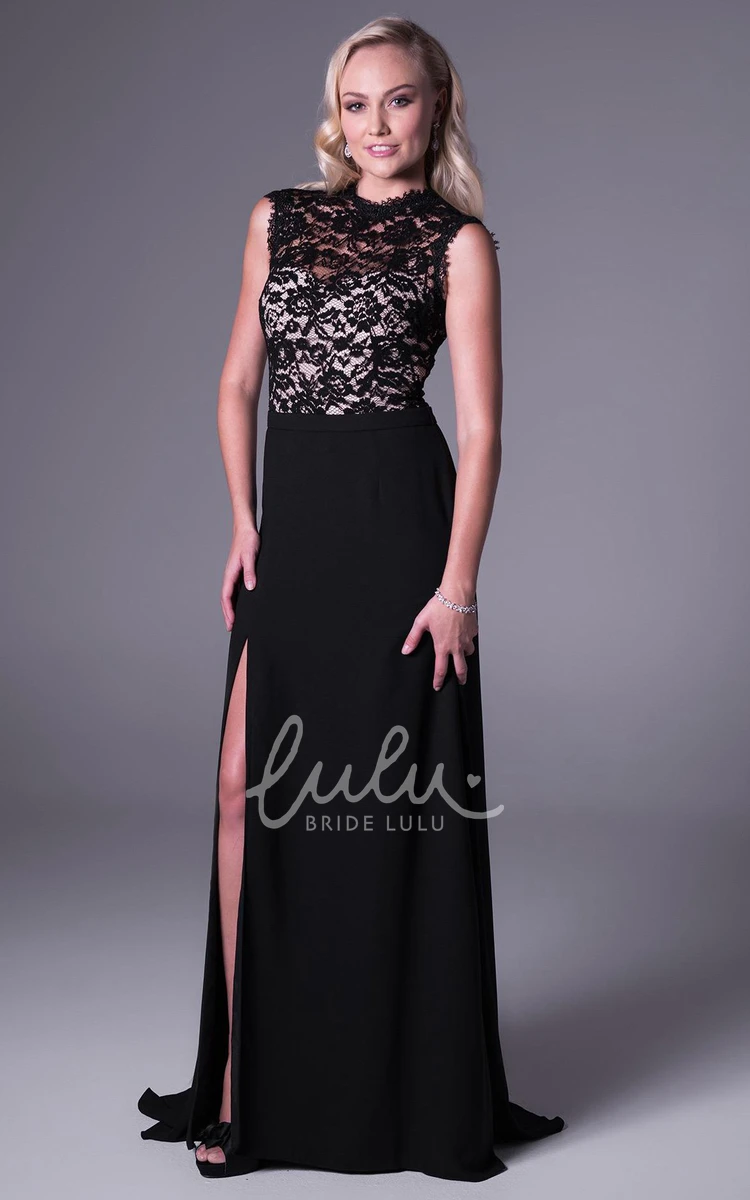 High-Neck Sleeveless Chiffon&Lace Prom Dress Sheath Maxi Split-Front Dress