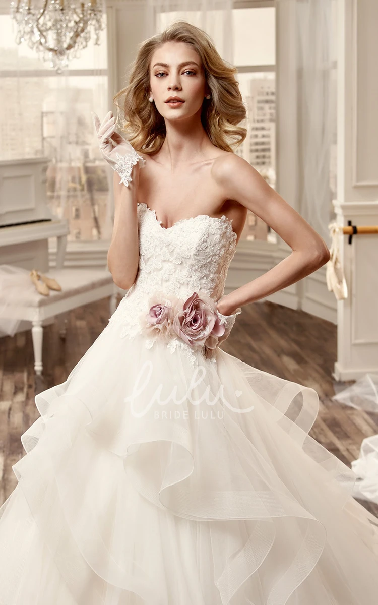 Cascading Ruffles Sweetheart Wedding Dress with Floral Waist Romantic Bridal Gown