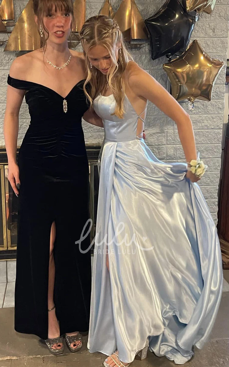 Elegant Off-Shoulder Satin A-line Evening Dress with Split Front and Train Bohemian Prom Dress