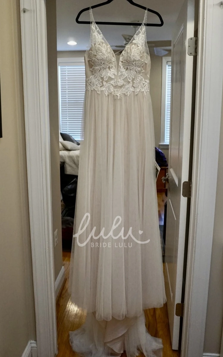 Simple Classic Tulle Applique Bridal Dress Garden A-Line Backless Spaghetti Wedding Gown