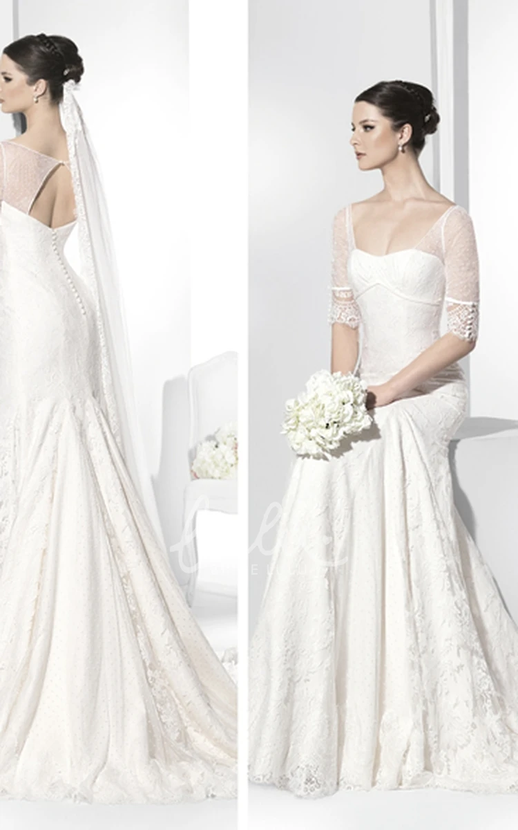 Lace Illusion-Sleeve Strapless Sheath Wedding Dress with Keyhole Elegant Bridal Gown