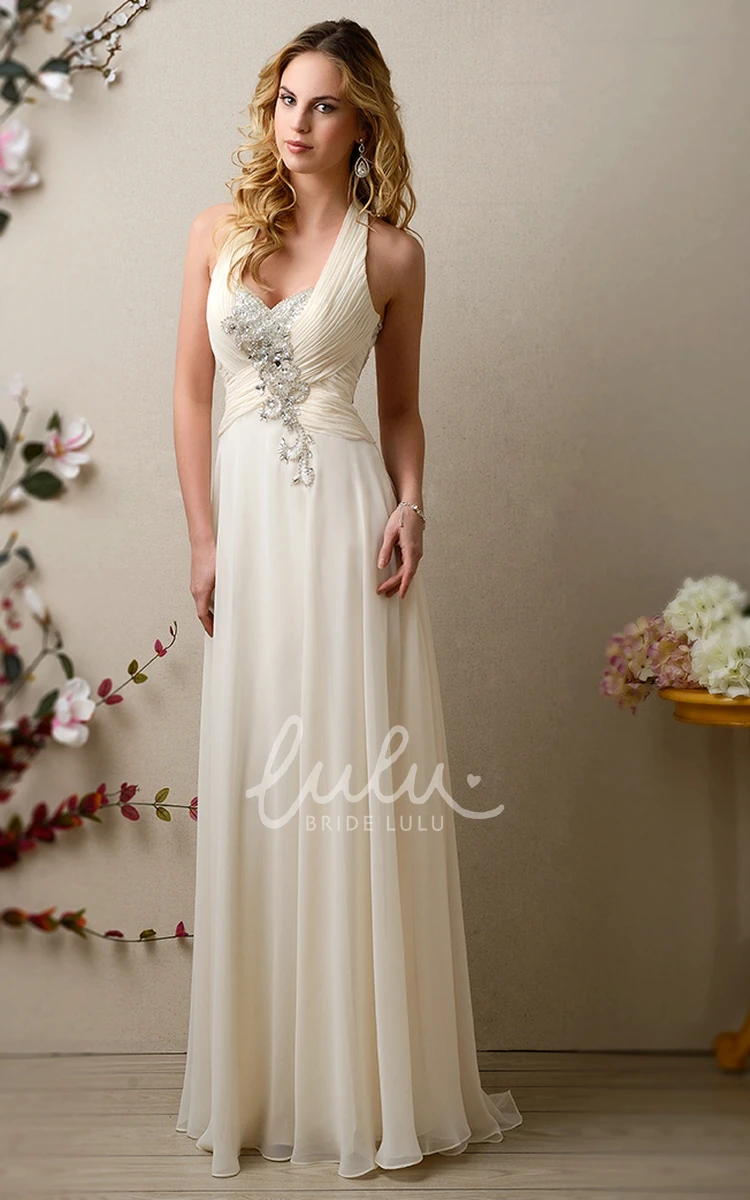 Chiffon Halter Wedding Dress with Pearls Ruched Bodice and Flowy Skirt