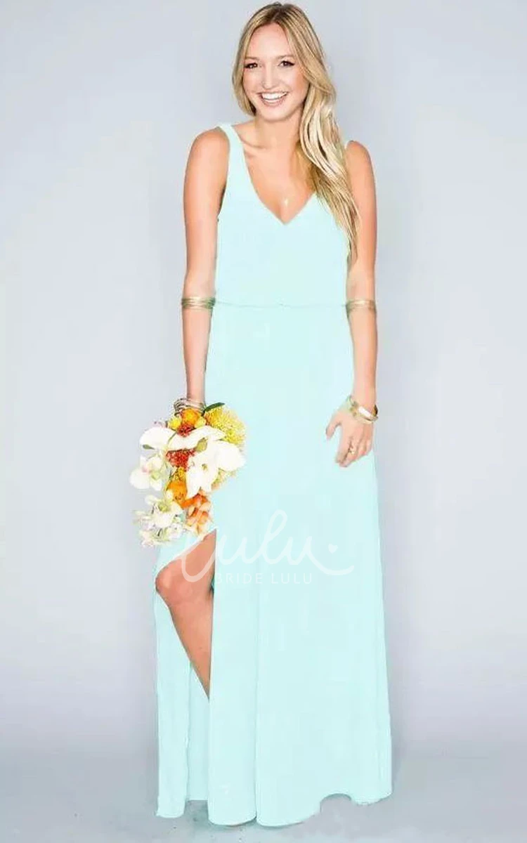 Chiffon V-neck Beach Bridesmaid Dress with Deep-V Back and Natural Waist