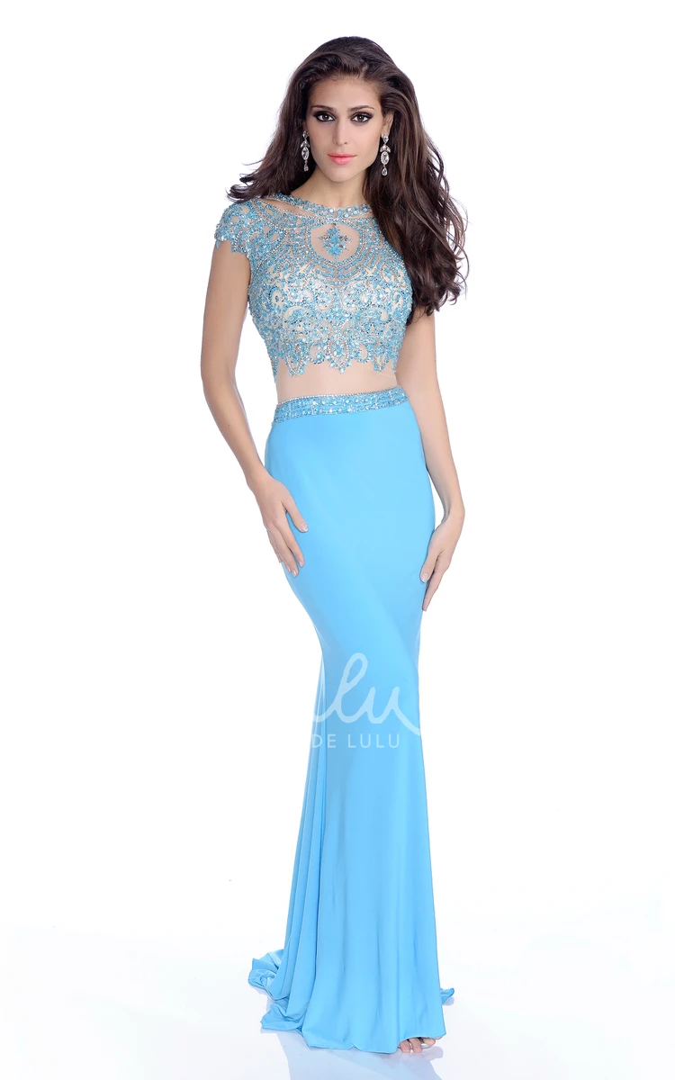 Bling Rhinestone Mermaid Cap Sleeve Jersey Dress with Low-U Back