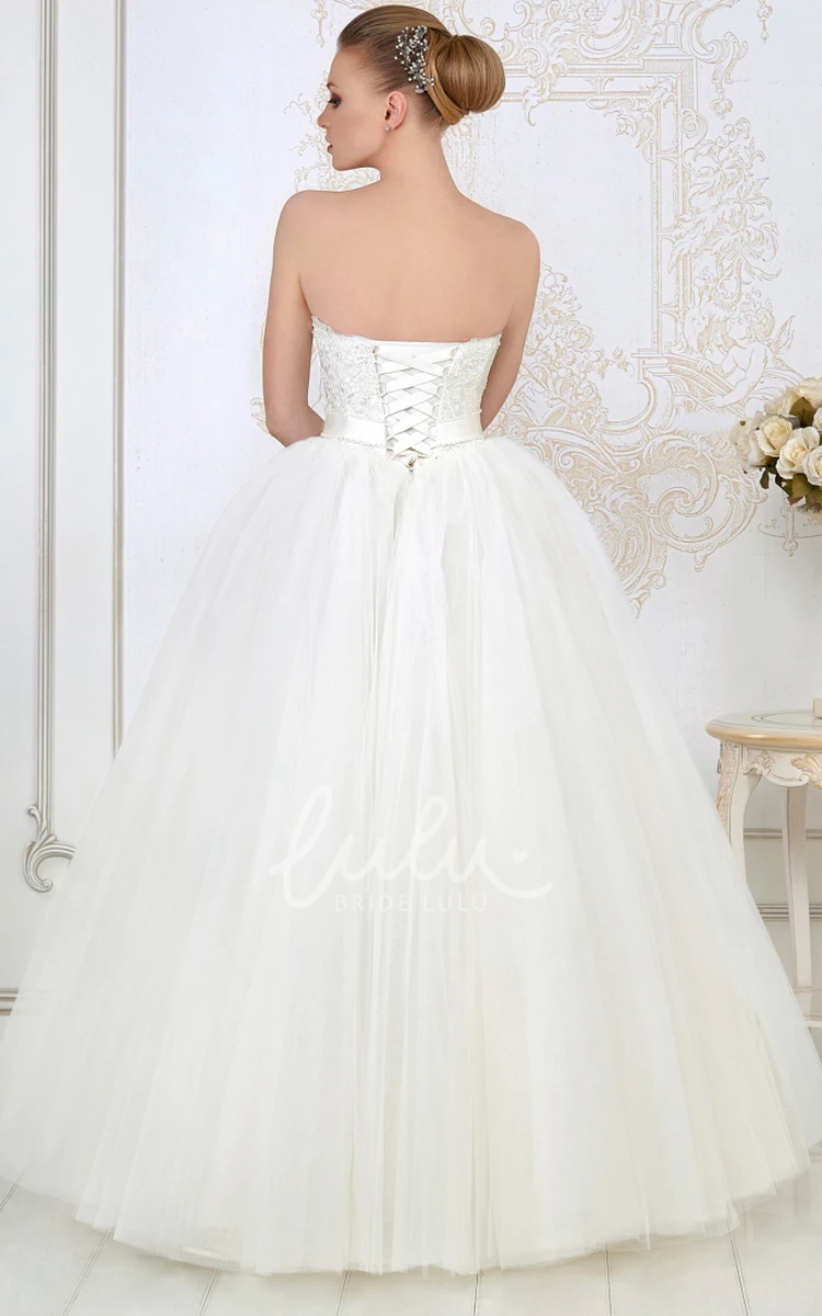 Strapless Tulle Ball Gown Wedding Dress with Appliques and Bow Floor-Length