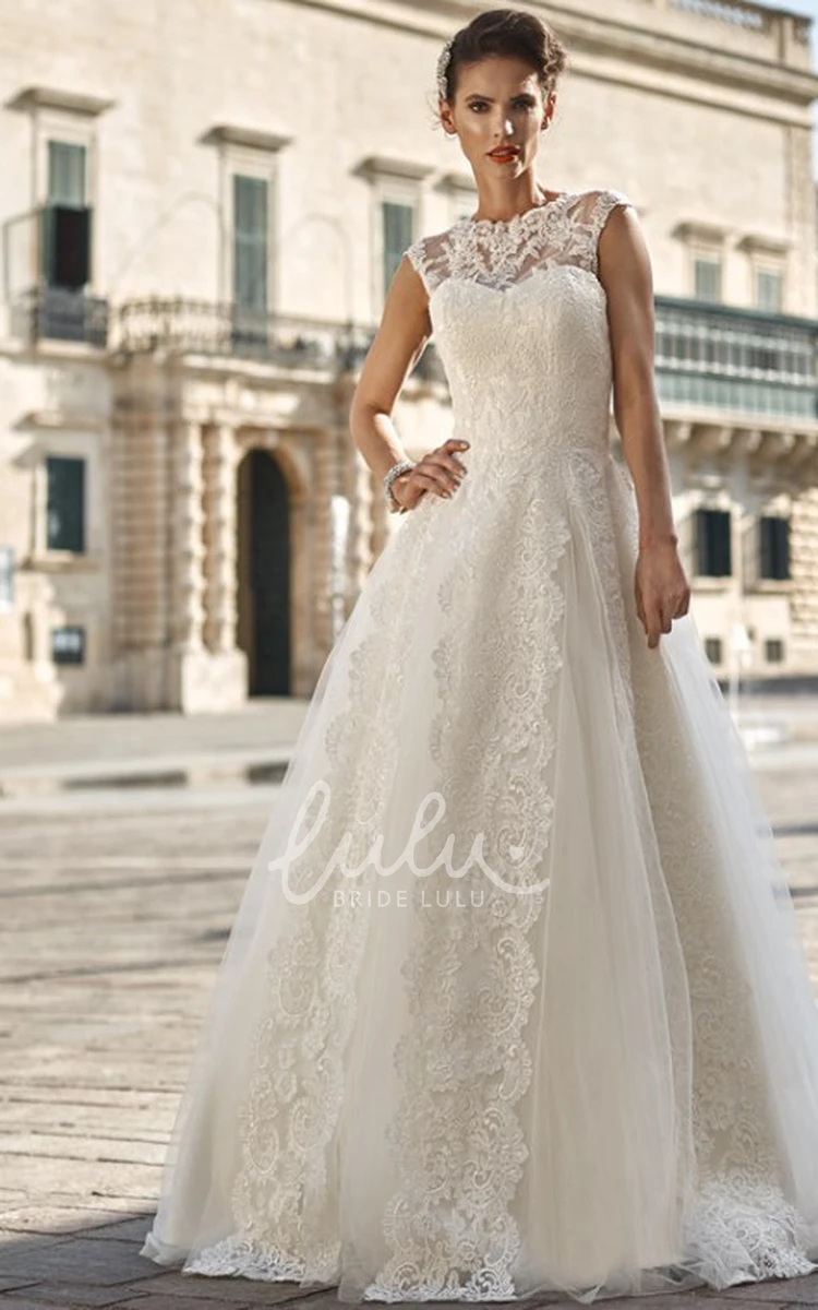 Cap-Sleeve Lace and Tulle A-Line Wedding Dress with High Neck and Pleats