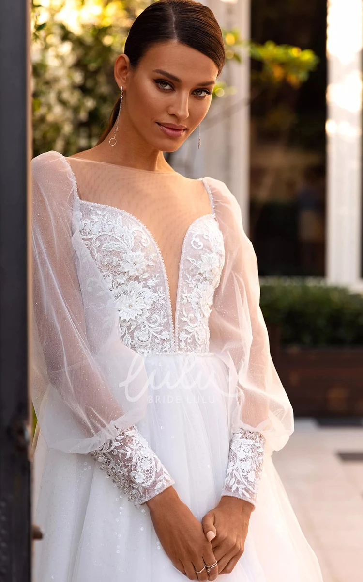 Casual Lace Ball Gown Wedding Dress with Brush Train & Plunging Neckline