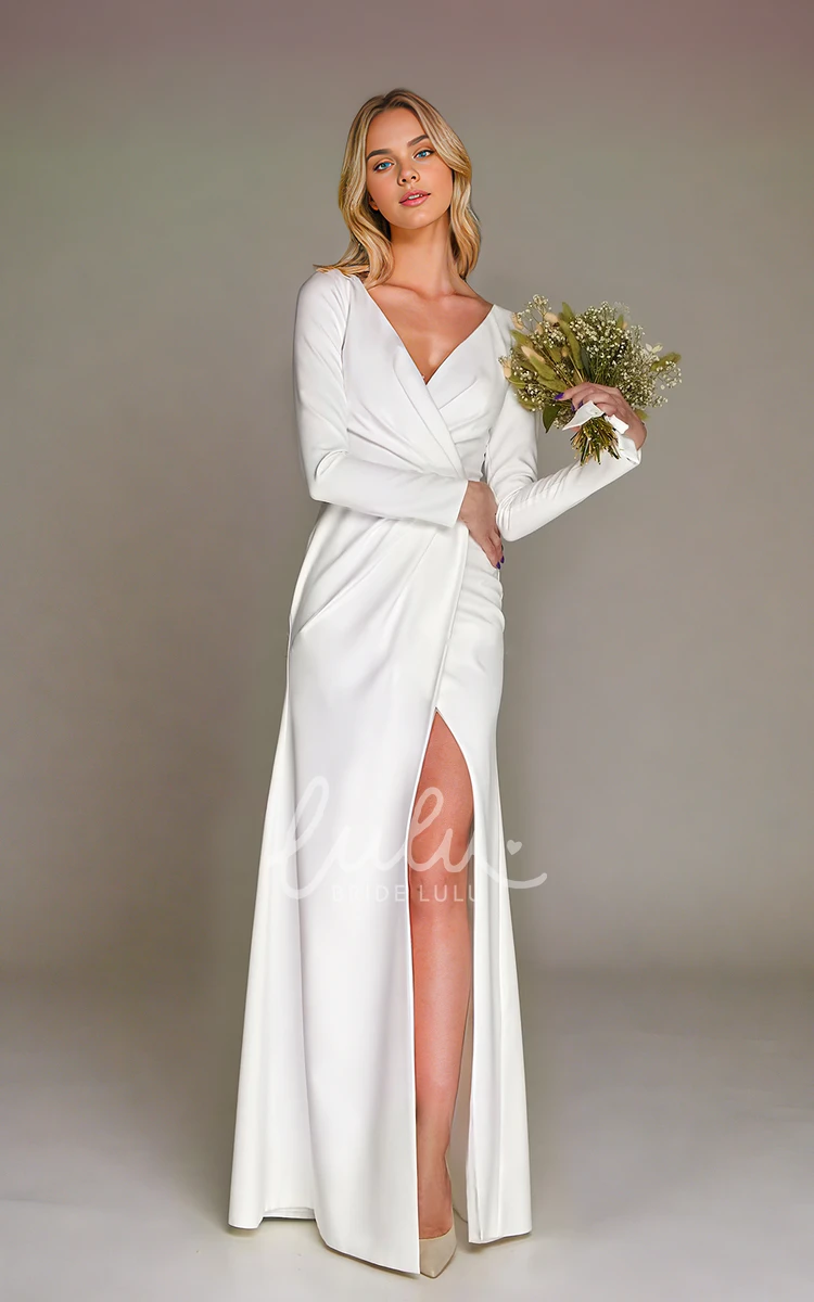 Long Sleeve Sheath Simple Sexy Floor-length V-neck Reception Split Wedding Dress Zipper Back