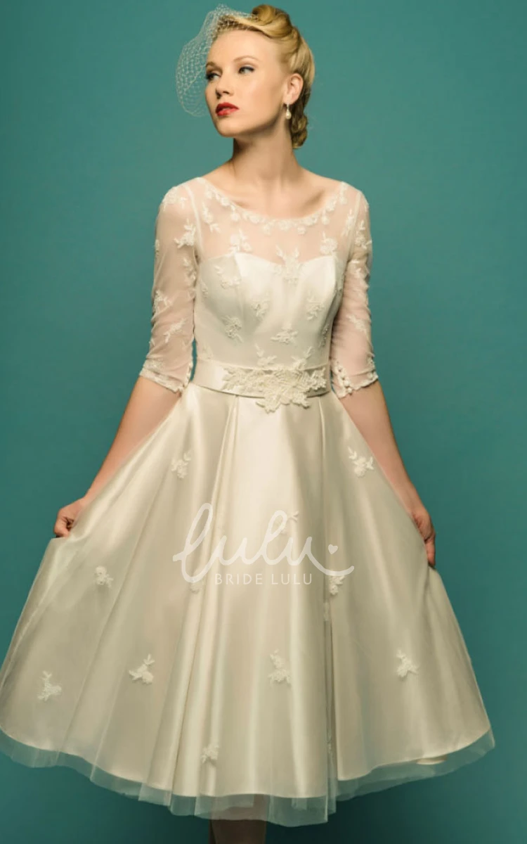 Illusion Sleeve Tea-Length A-Line Tulle Wedding Dress with Appliques