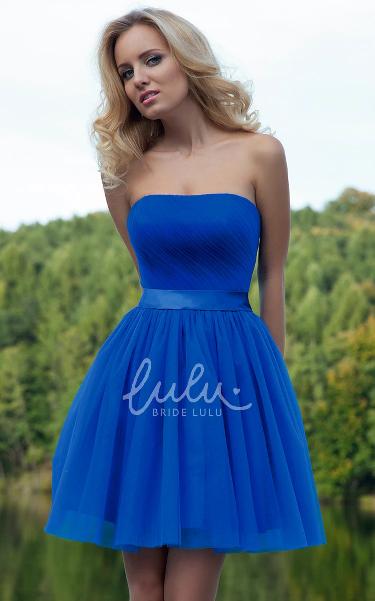 Ruched Strapless Tulle Prom Dress with Sash Short & Elegant